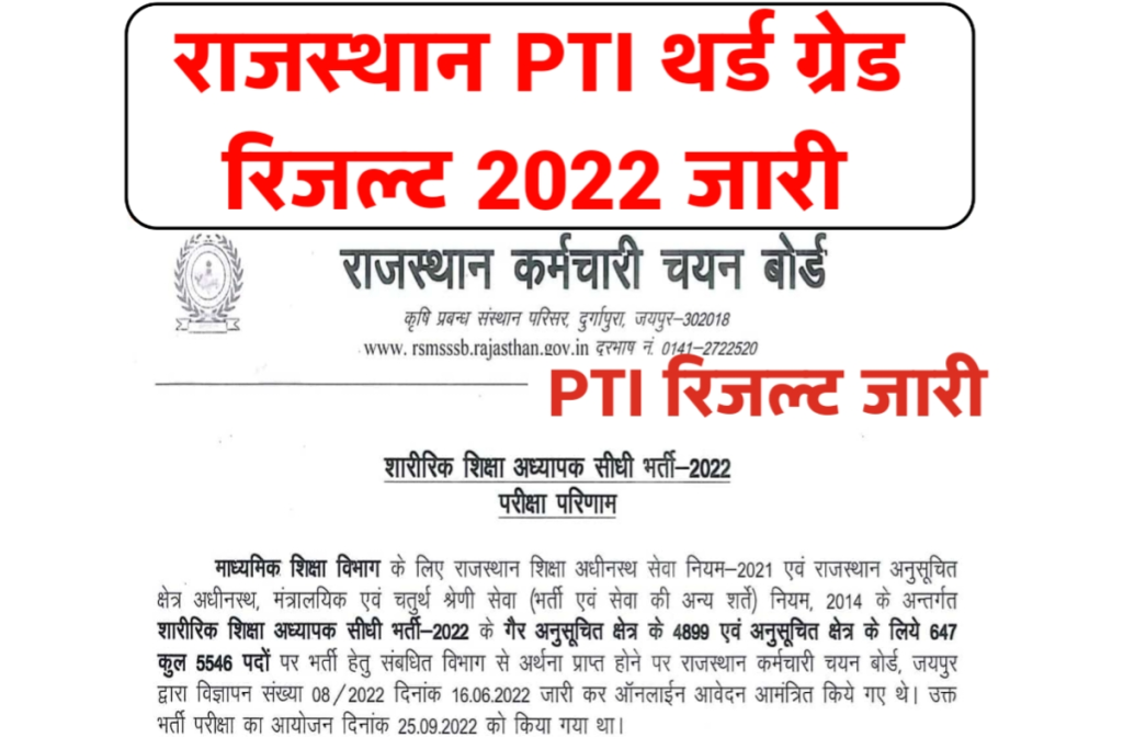 Rajasthan PTI 3rd Grade Result 2022 , PTI फाइनल रिज़ल्ट जारी,देखे अभी