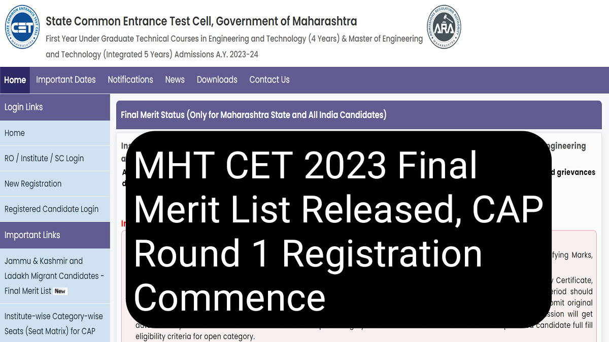 MHT CET 2023 Final Merit List Released, CAP Round 1 Registration Commence
