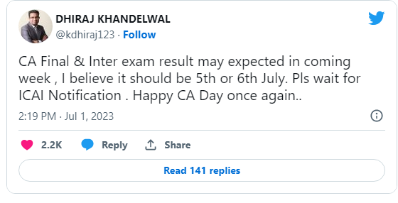 ICAI CA Result 2023 | CA result Inter, Final Results expected by July 6 at icai.org, check official Tweet here