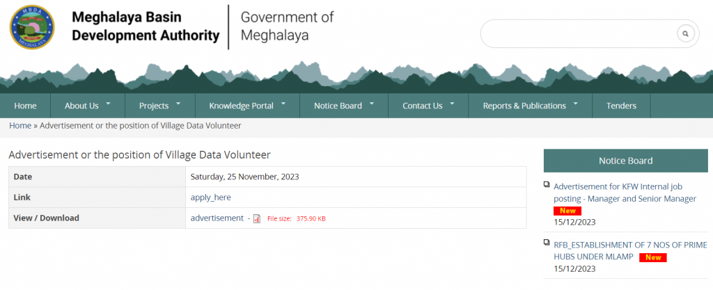 Meghalaya Basin Management Agency (MBMA) Village Data Volunteer Recruitment 2023: Apply Online for 1100 Positions, Important Dates, Eligibility, FAQs