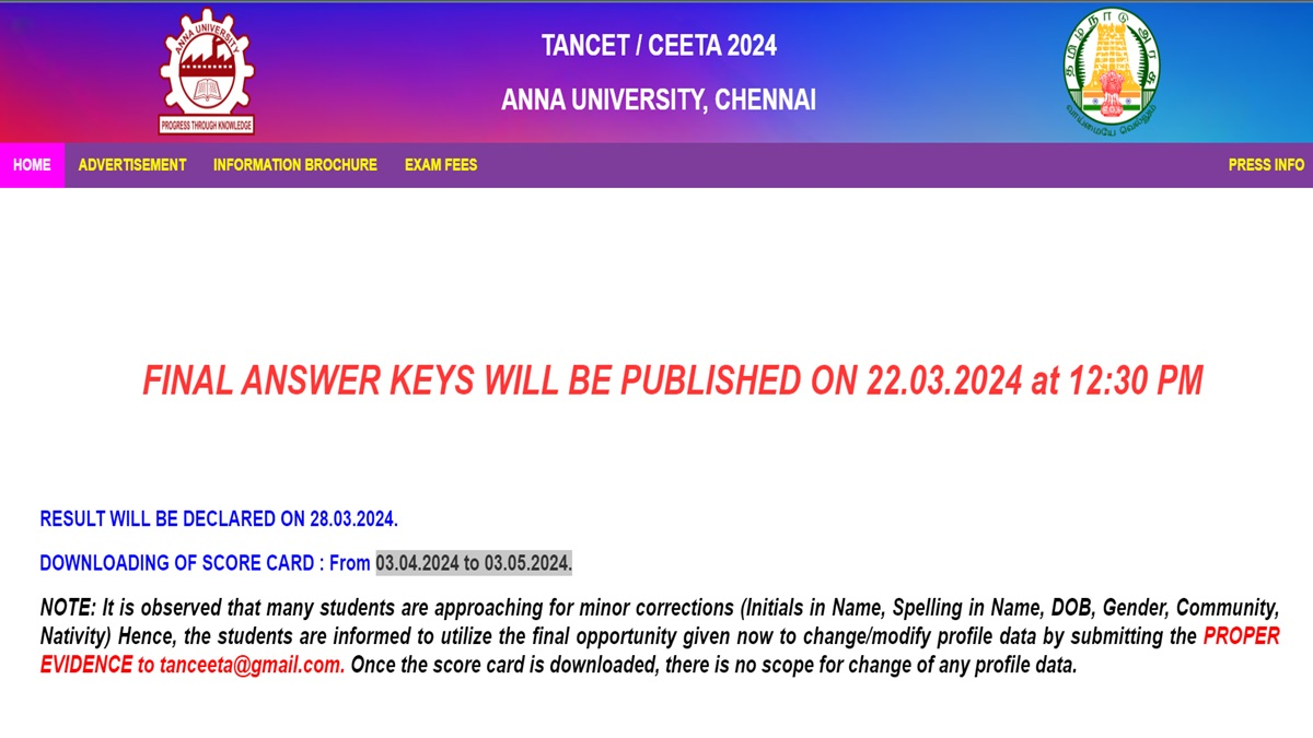 TANCET 2024 Final Answer Key Released: Check Here for Result Updates